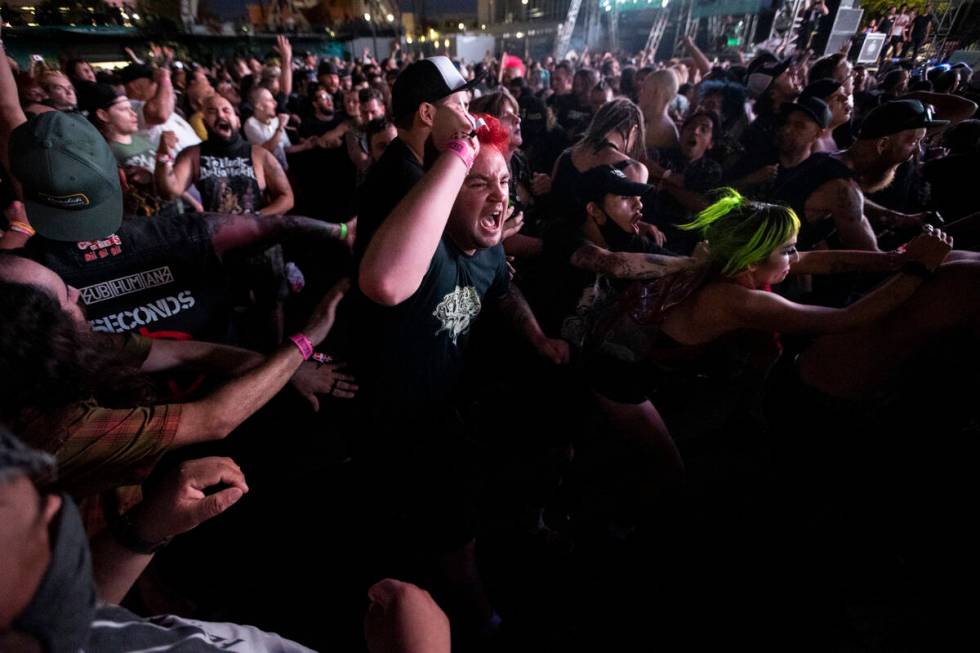 People mosh during a performance by Leftover Crack at the Punk Rock Bowling Music Festival at t ...