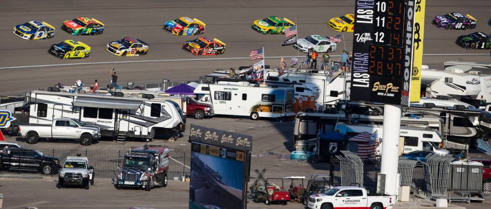 Fans watch the 4th Annual South Point 400 race at Las Vegas Motor Speedway, on Sunday, Sep. 26, ...