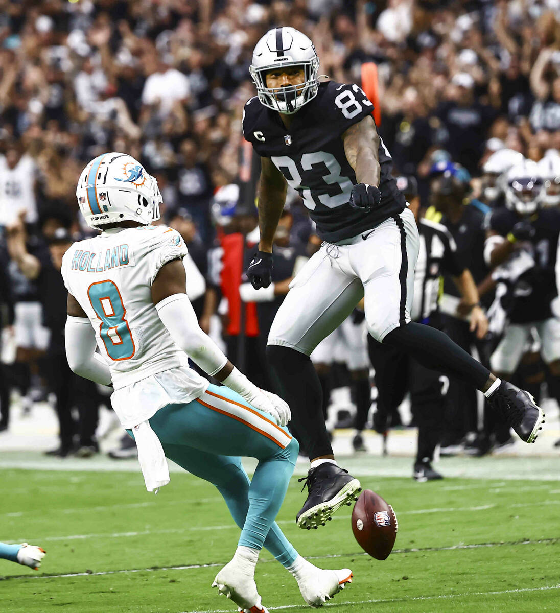 Las Vegas Raiders tight end Darren Waller (83) celebrates after a play against the Miami Dolphi ...