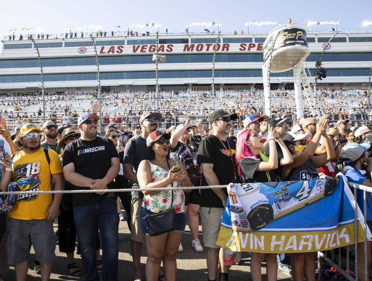 Fans cheer as drivers are introduced during the 4th Annual South Point 400 race at Las Vegas Mo ...