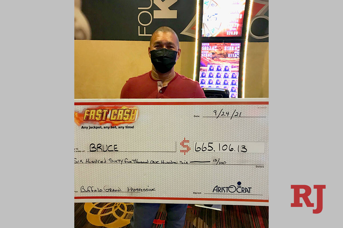 Bruce, a visitor from San Diego, won a $665,106 progressive jackpot on a $3.75 bet Friday, Sept ...