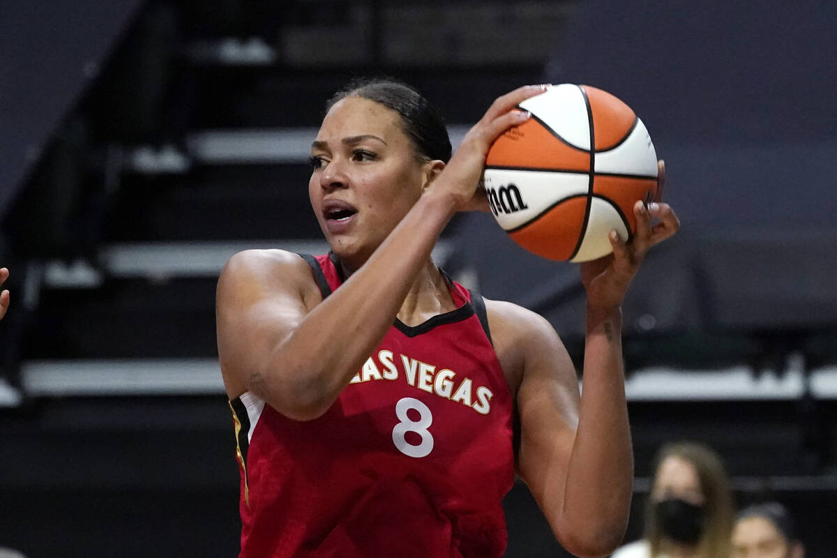 Liz Cambage, seen in May 2021. (AP Photo/Elaine Thompson)