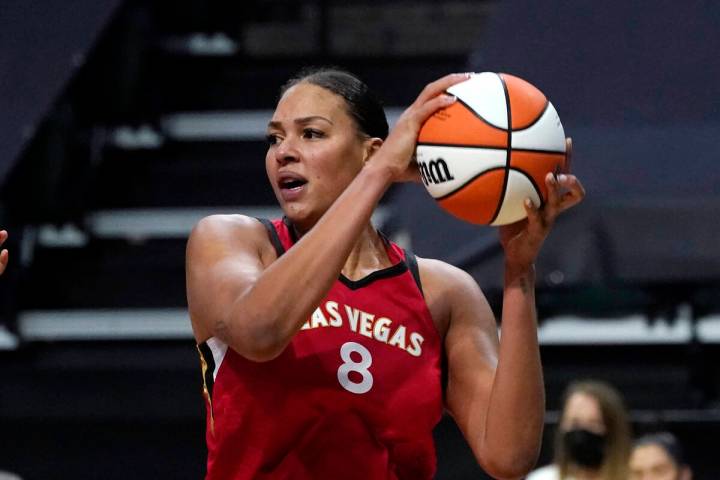 Liz Cambage, seen in May 2021. (AP Photo/Elaine Thompson)