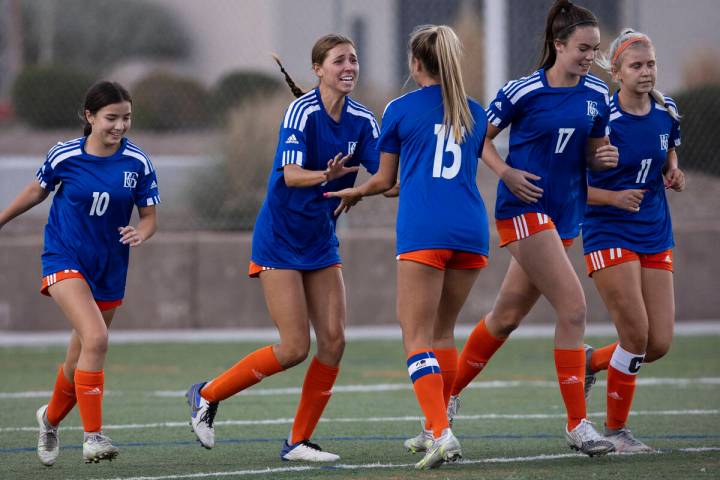 Bishop Gorman's Gabby Dilandri, second left, (9) celebrates her goal with her teammates during ...