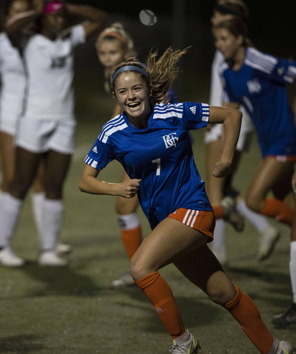 Bisho Gorman’s Kennedy Herman (7) celebrates her goal against Palo Verde during the second ha ...