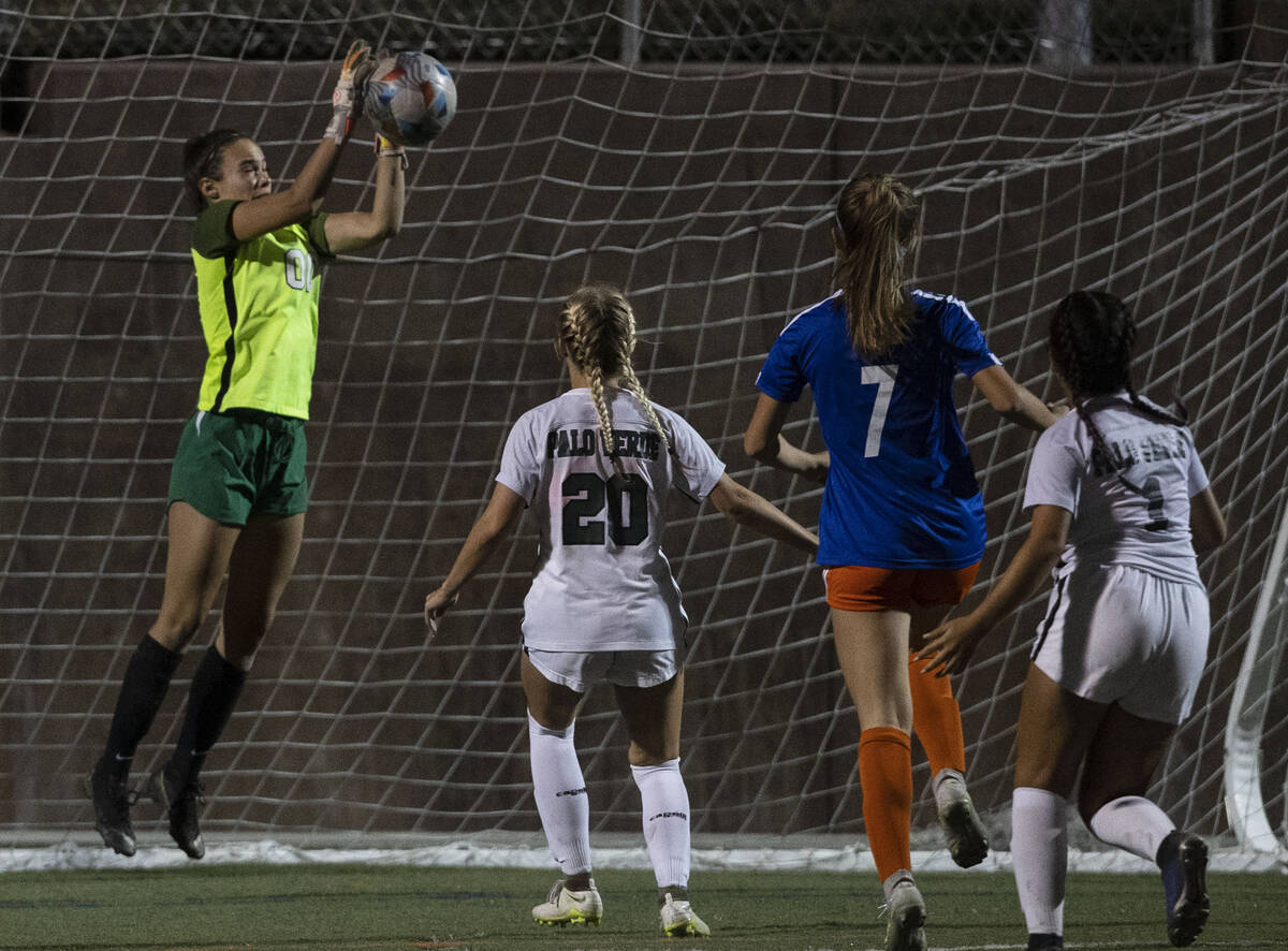 Palo Verde goalie Olivia Prior (0) blocks the ball during the second half of a girls soccer gam ...