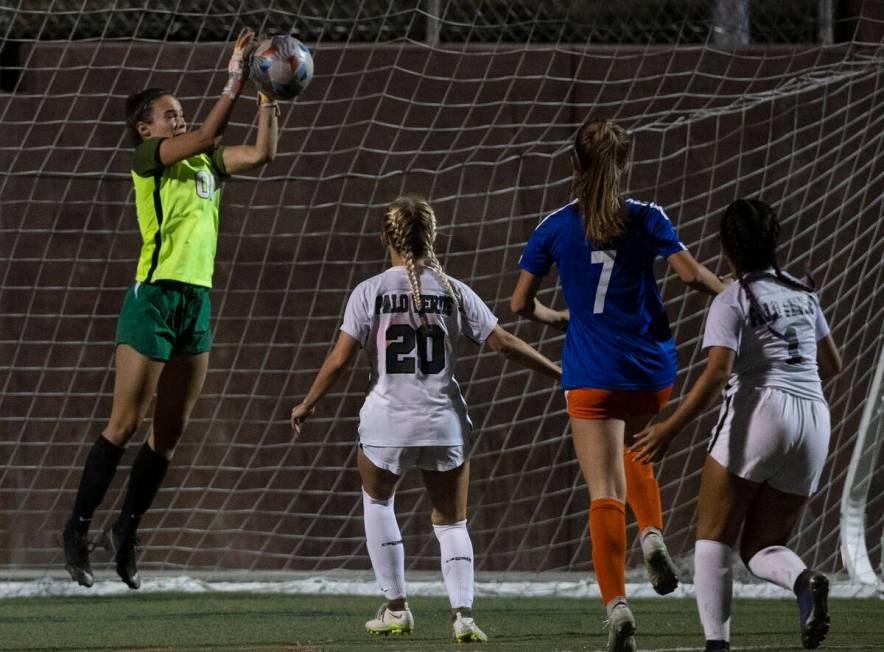 Palo Verde goalie Olivia Prior (0) blocks the ball during the second half of a girls soccer gam ...