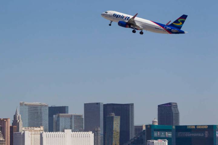 A Spirit Airlines jetliner departs McCarran International Airport in Las Vegas on Wednesday, Ju ...