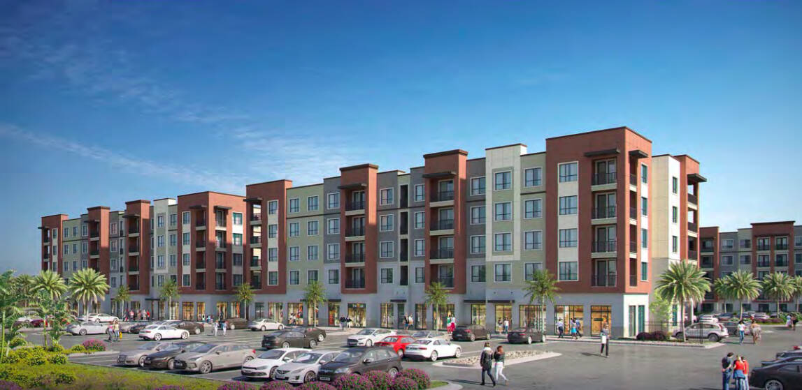A 270-unit affordable housing complex called Cine Apartments, a rendering of which is seen here ...