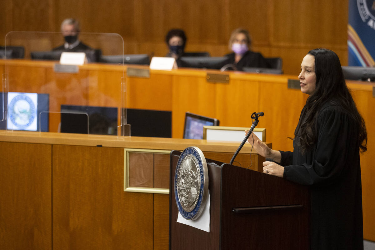 Judge Nadia Krall gives a speech after being sworn in during the Eight Judicial District Court ...