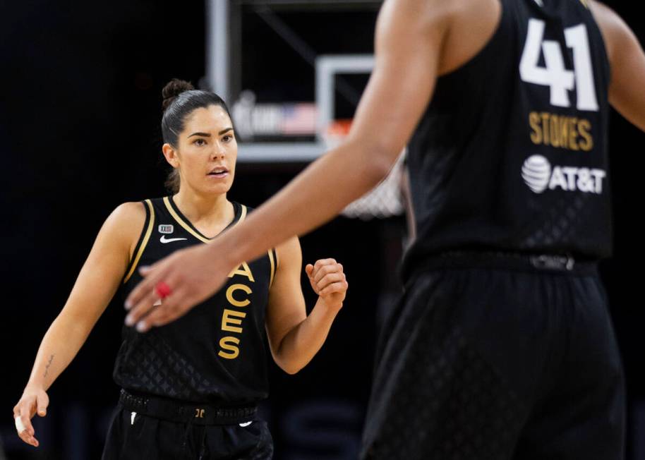 Las Vegas Aces guard Kelsey Plum (10) celebrates a big play with teammates in the second half o ...