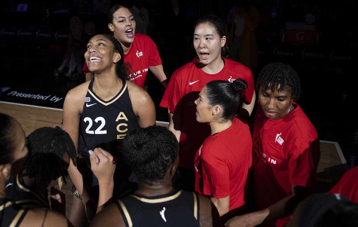 Las Vegas Aces forward A'ja Wilson (22) leads her team onto the court before the start of the W ...