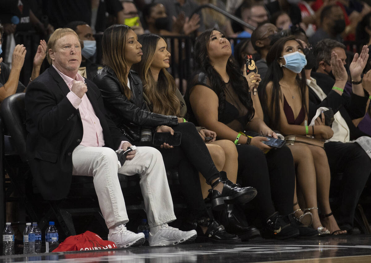 Las Vegas Aces owner Mark Davis celebrates a big play in the second half of the WNBA semifinals ...