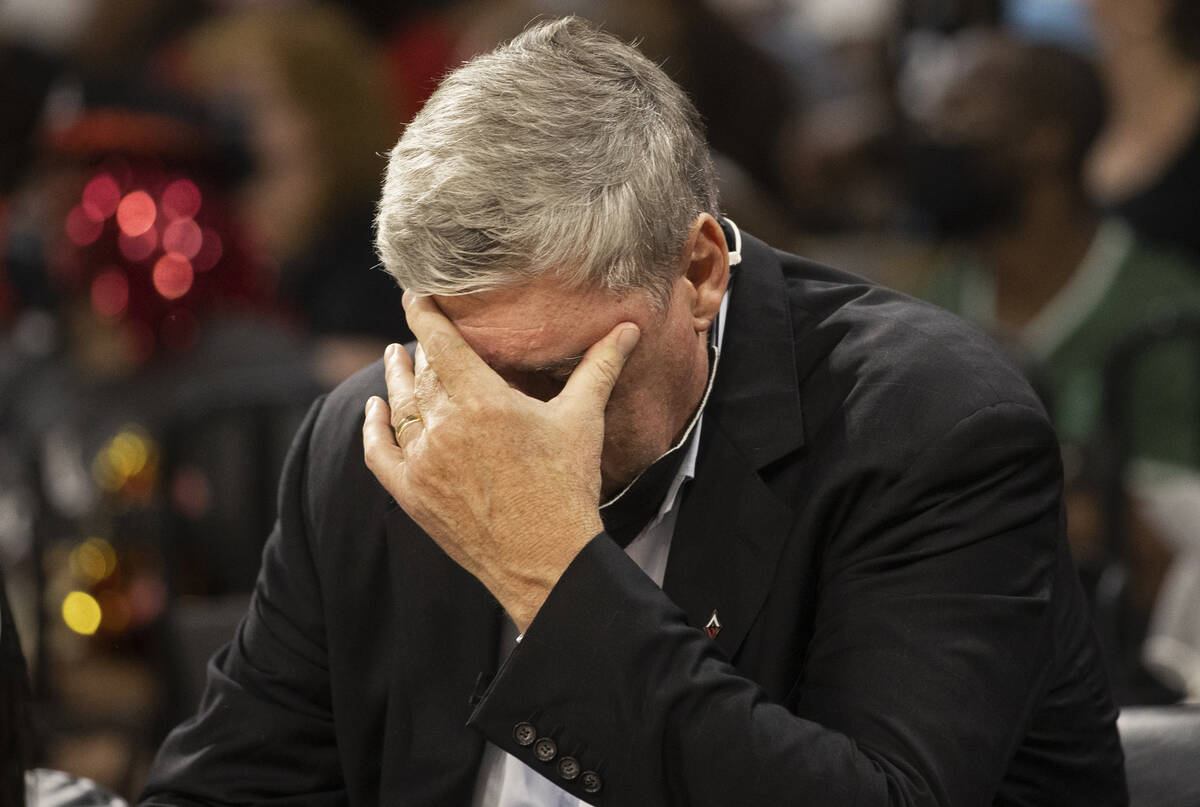 Las Vegas Aces head coach Bill Laimbeer shows his frustration in the second half of the WNBA se ...