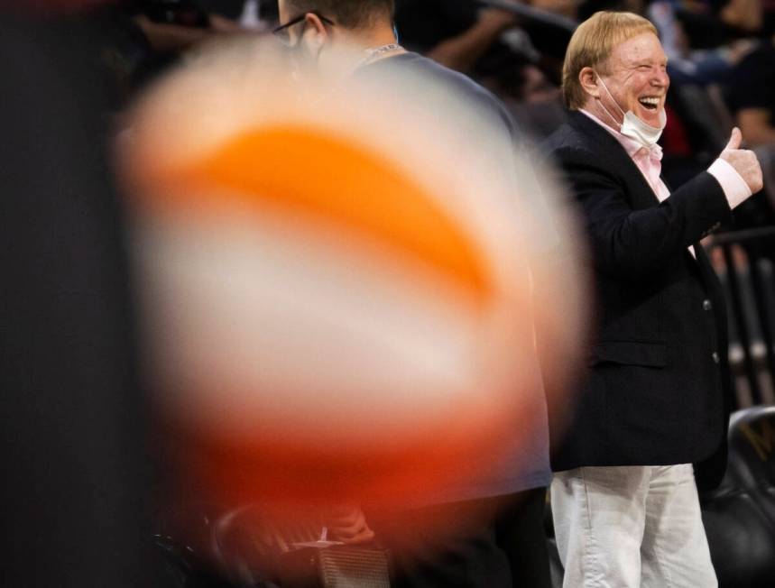 Las Vegas Aces owner Mark Davis jokes around with players before the start of the WNBA semifina ...