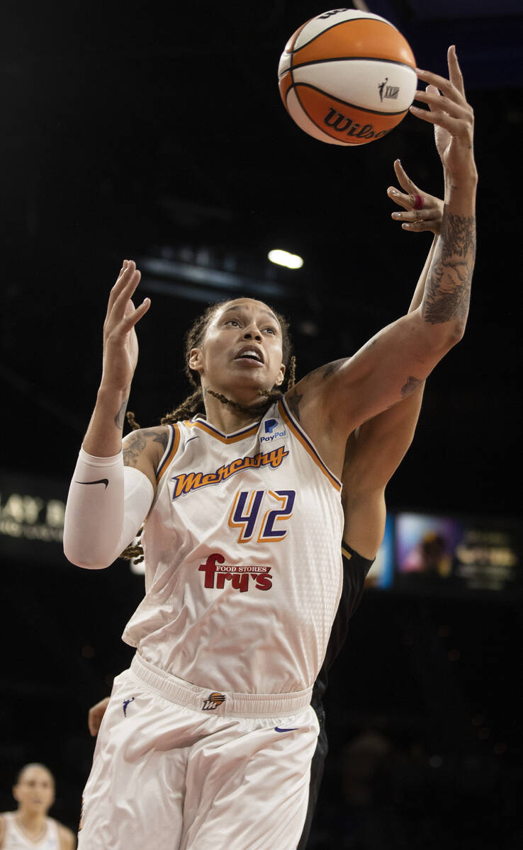 Phoenix Mercury center Brittney Griner (42) grabs a rebound in the first half during the WNBA s ...