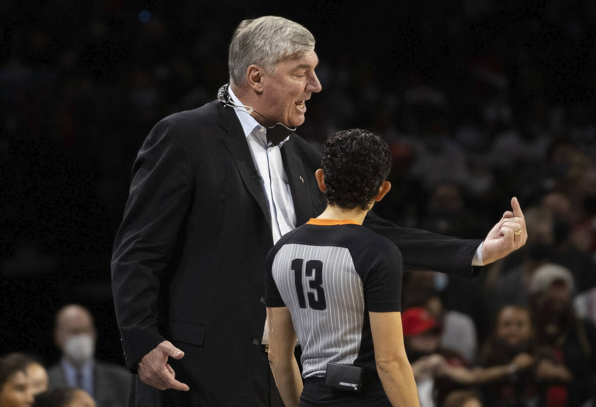 Las Vegas Aces head coach Bill Laimbeer argues a call in the second half of the WNBA semifinals ...