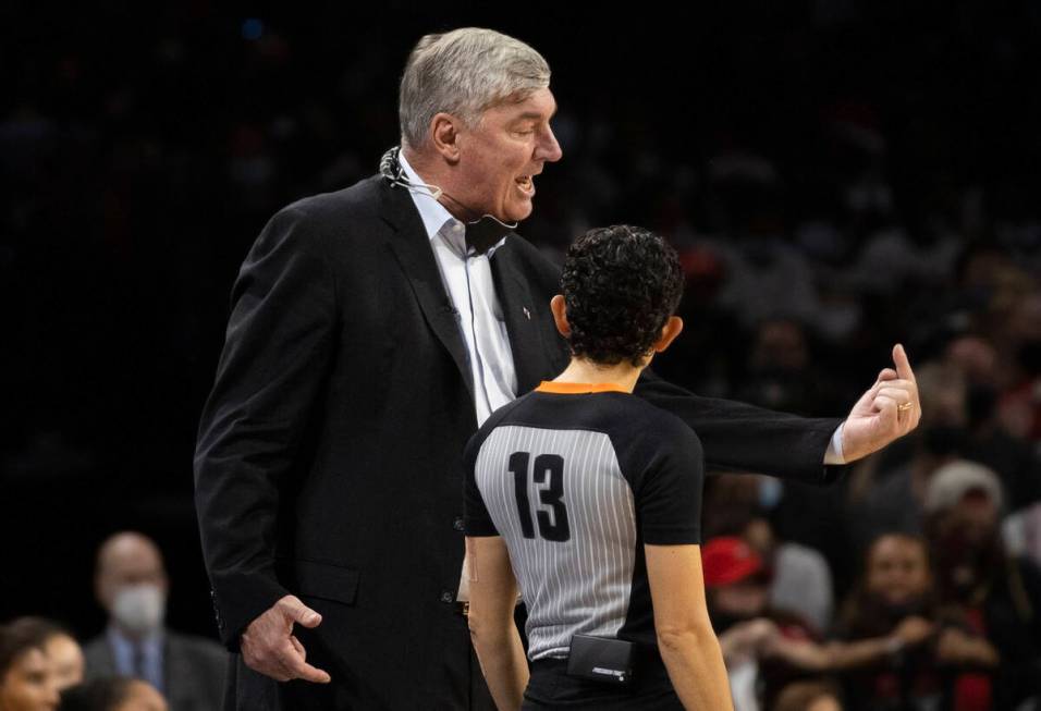 Las Vegas Aces head coach Bill Laimbeer argues a call in the second half of the WNBA semifinals ...