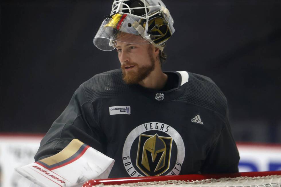 Vegas Golden Knights goaltender Laurent Brossoit (30) during a team practice at City National A ...