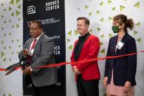 UNLV President Keith Whitfield cuts the ribbon to open the new UNLV Incubator facility at the H ...