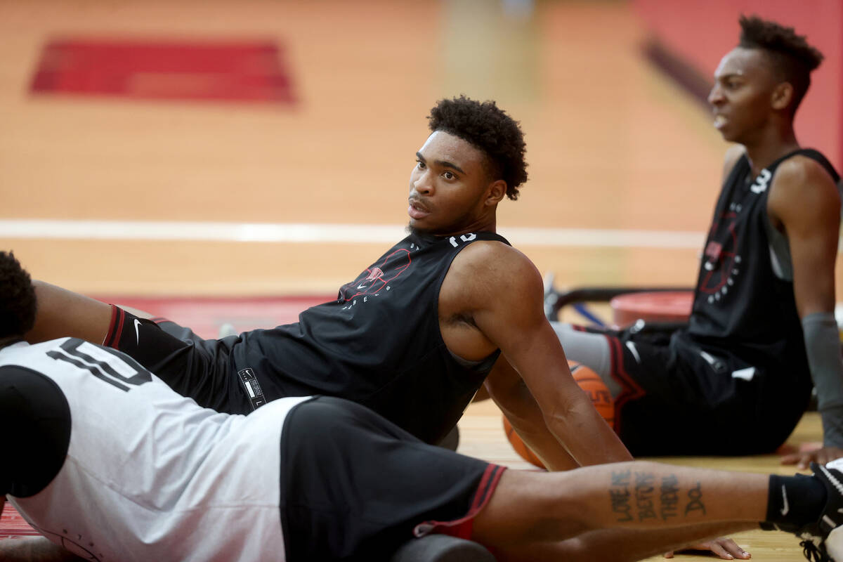 UNLV guard Bryce Hamilton works on the roller after practice at the Mendenhall Center in Las Ve ...