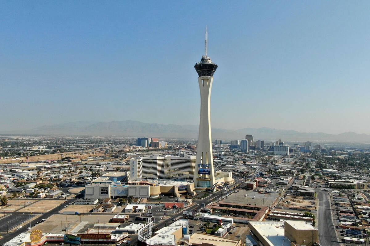 An aerial view of The Strat is shown on Wednesday, Aug. 4, 2021. (Michael Quine/Las Vegas Revie ...