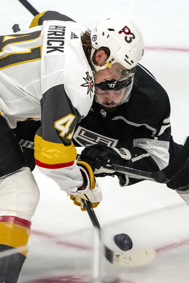 Vegas Golden Knights center Nolan Patrick (41) faces off against Los Angeles Kings left wing Ph ...