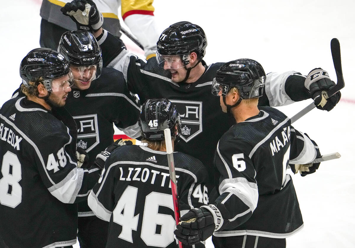 Los Angeles Kings celebrate after a goal by left wing Brendan Lemieux (48) in the first period ...