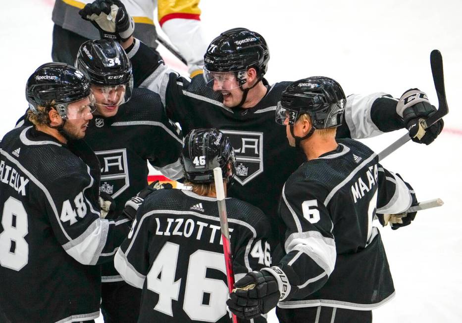 Los Angeles Kings celebrate after a goal by left wing Brendan Lemieux (48) in the first period ...