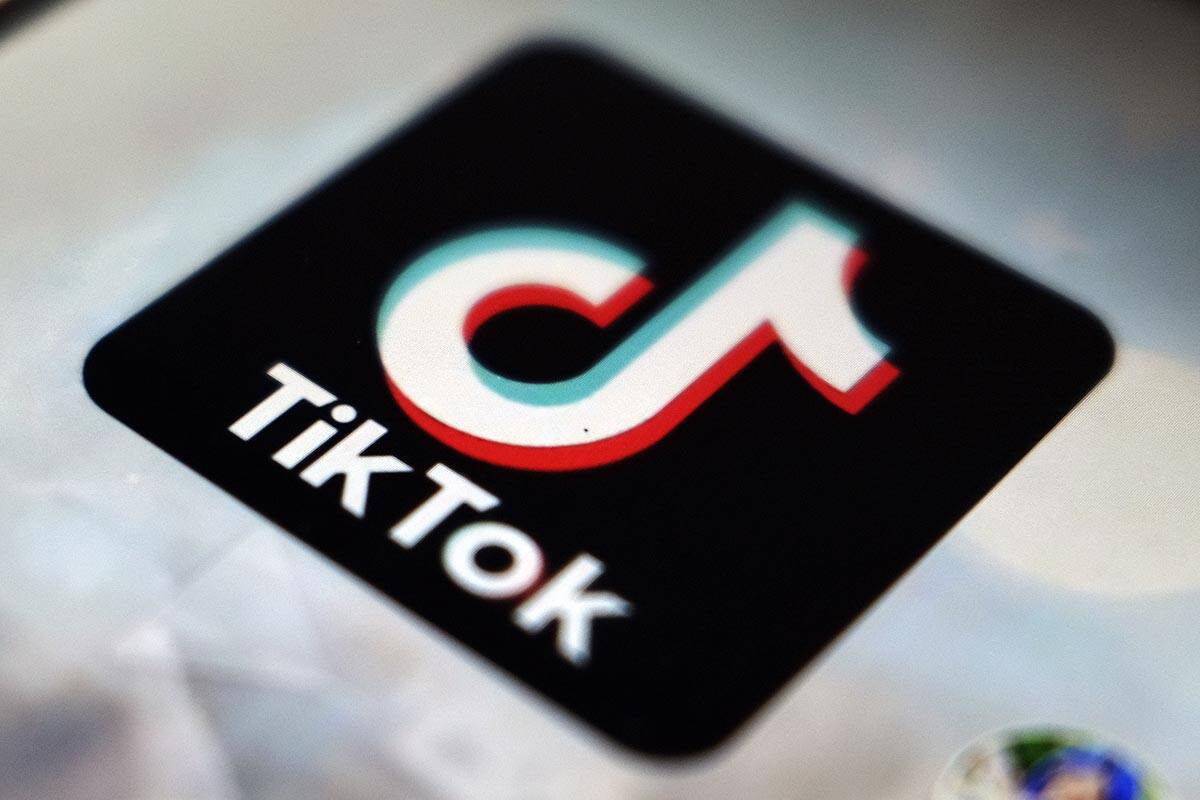 In this Monday, Sept. 28, 2020, filer, a logo of a smartphone app TikTok is seen on a user post ...