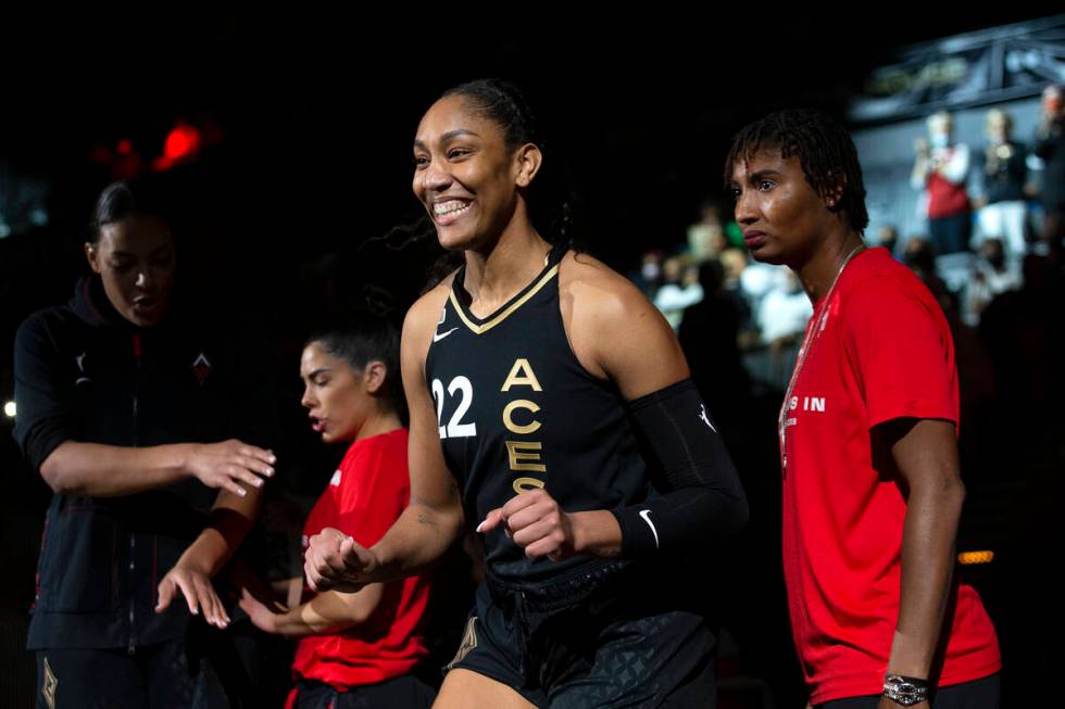 Las Vegas Aces forward A'ja Wilson (22) dances as she is announced in the starting lineup befor ...