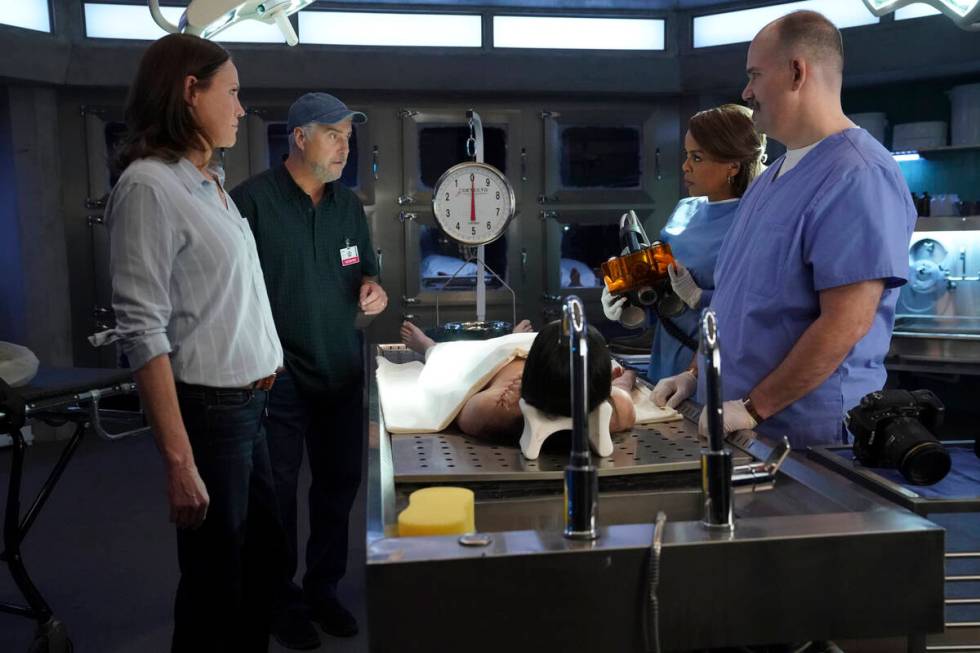 From left, Jorja Fox as Sara Sidle, William Petersen as Dr. Gil Grissom, Paula Newsome as Maxin ...
