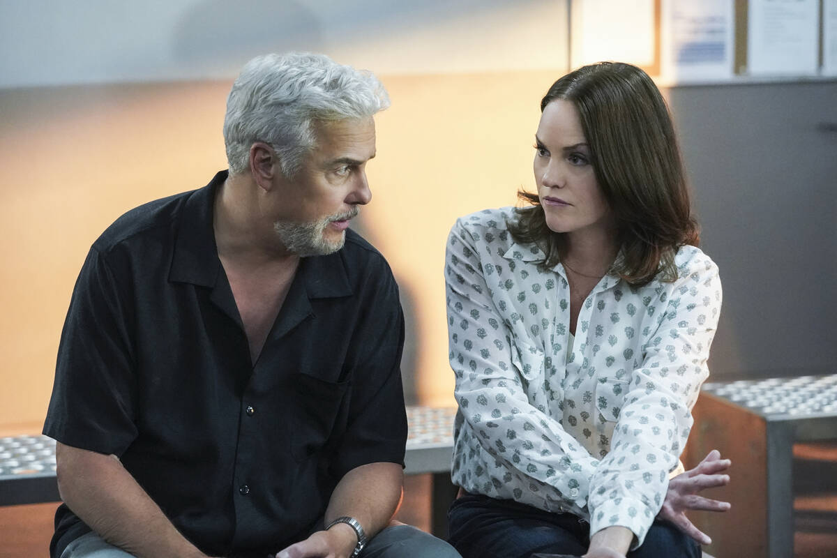 William Petersen,left, as Dr. Gil Grissom and Jorja Fox as Sara Sidle. (Sonja Flemming/CBS)