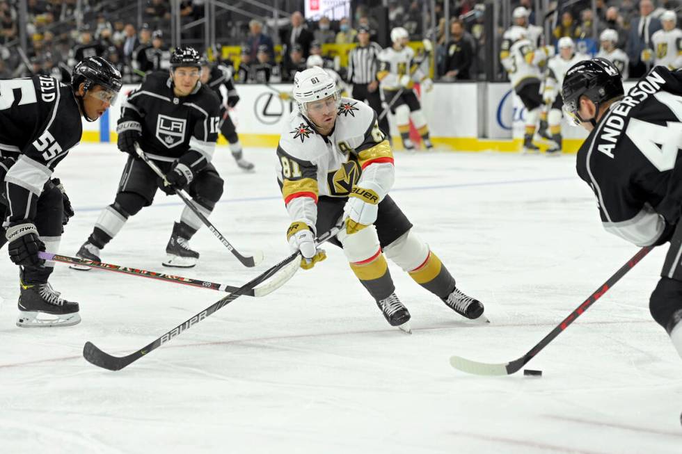 Vegas Golden Knights center Jonathan Marchessault (81) looks to block the puck against the Los ...