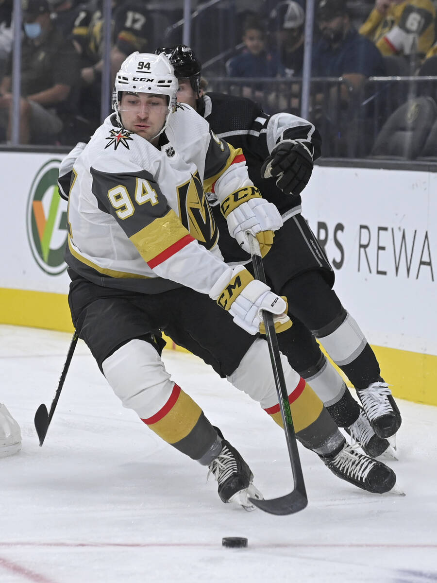 Vegas Golden Knights' Jakub Lauko skates with the puck against the Los Angeles Kings during the ...