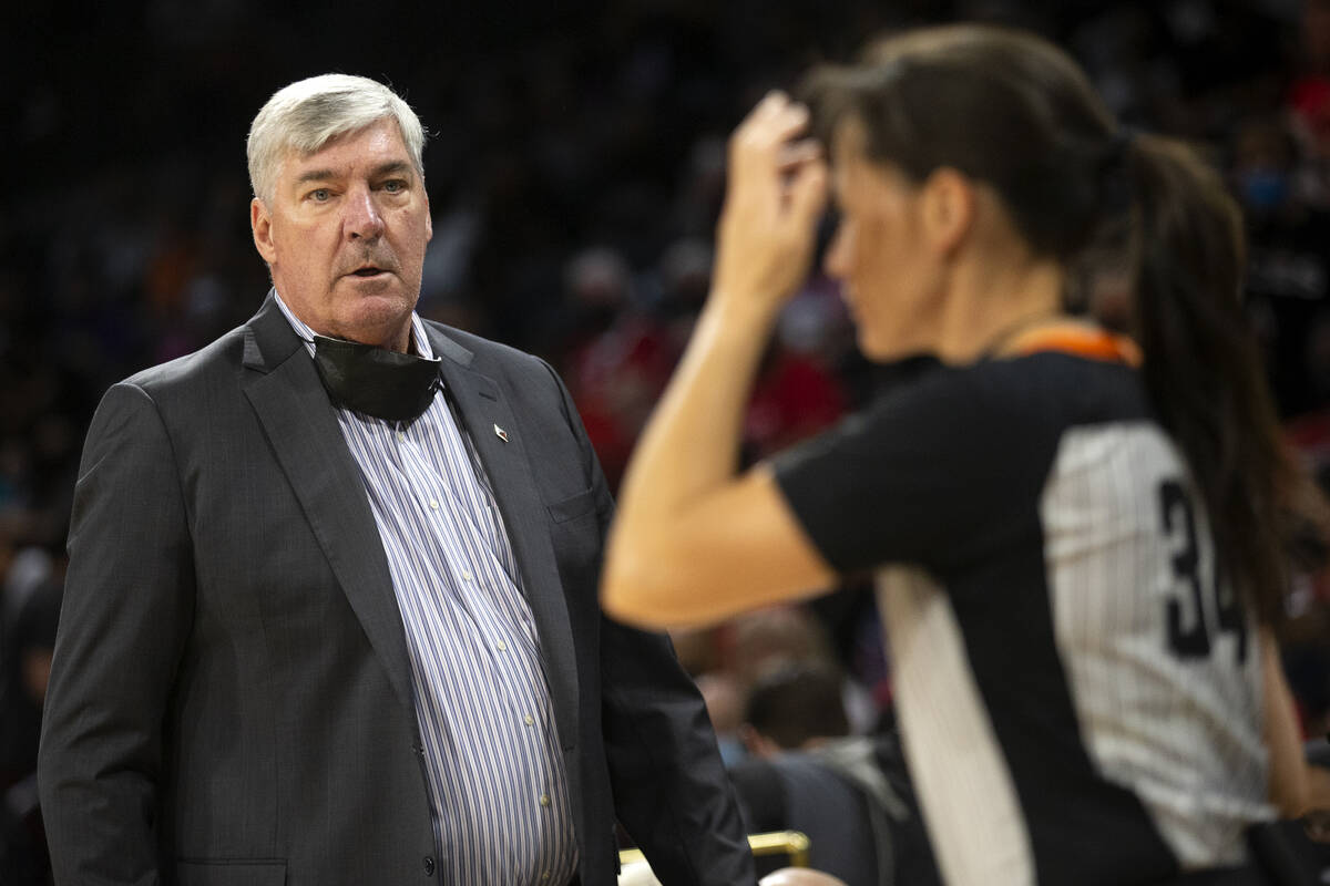 Las Vegas Aces head coach Bill Laimbeer expresses frustration with a referee's call during the ...