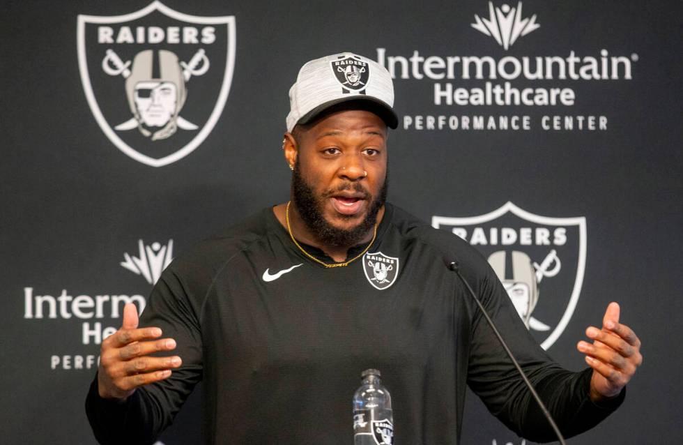 Raiders defensive tackle Quinton Jefferson answers questions during a practice session at the R ...