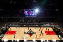 The Las Vegas Aces and New York Liberty warm up before a WNBA game at Michelob Ultra Arena on T ...