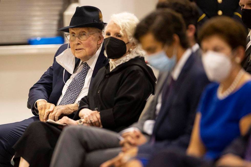 Former Nevada Senator Harry Reid, far left, attends a ceremony to honor the memory of Nevada Ar ...