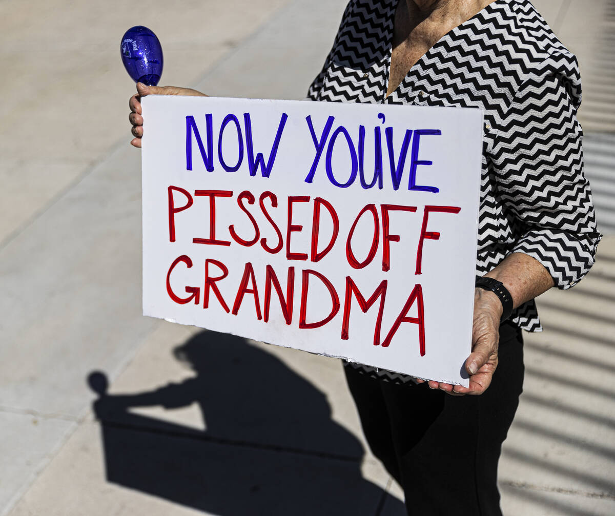 Paulette Pratt demonstrates outside the Lloyd D George Courthouse during a March for Reproducti ...