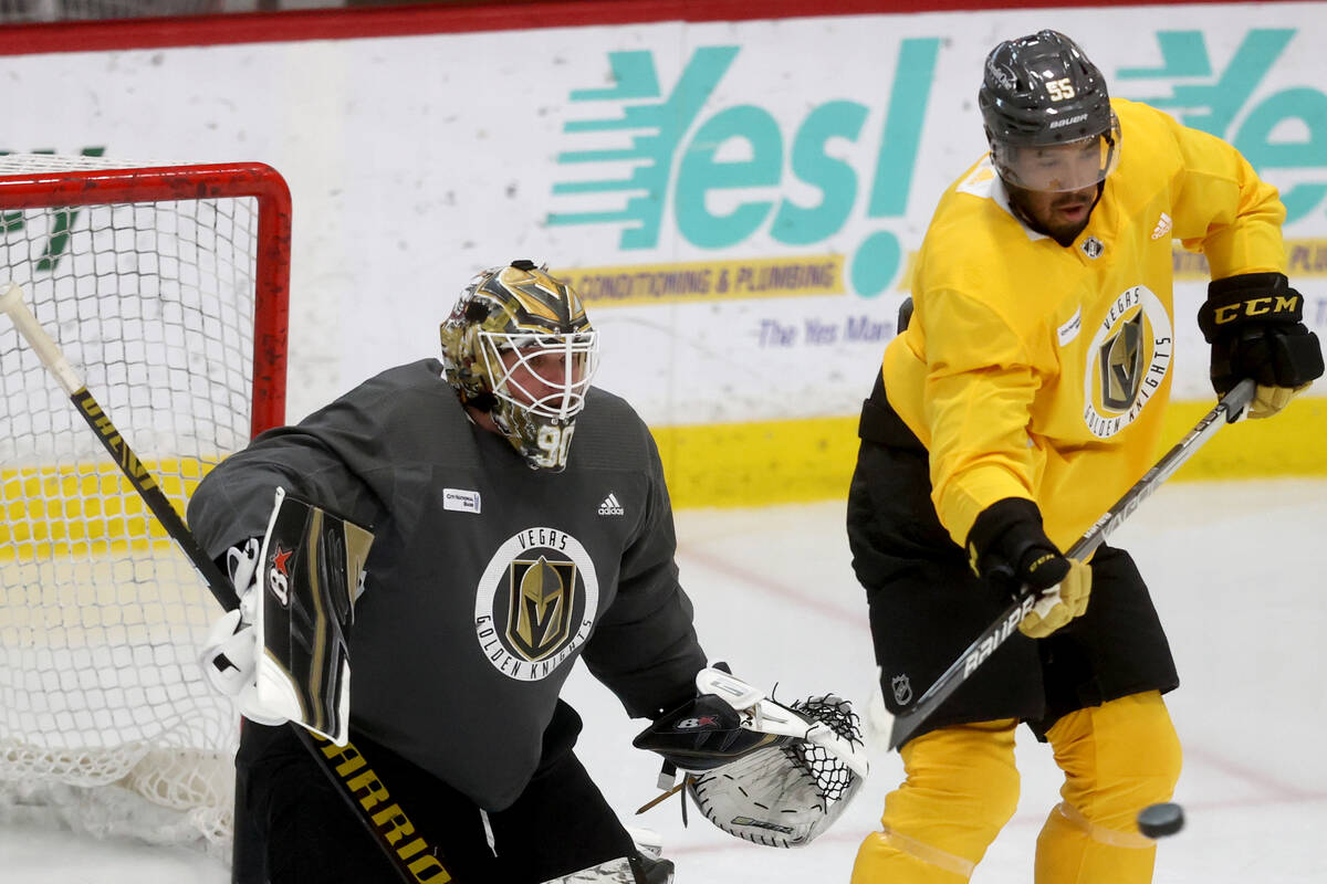 Vegas Golden Knights goaltender Robin Lehner and right wing Keegan Kolesar during practice at C ...