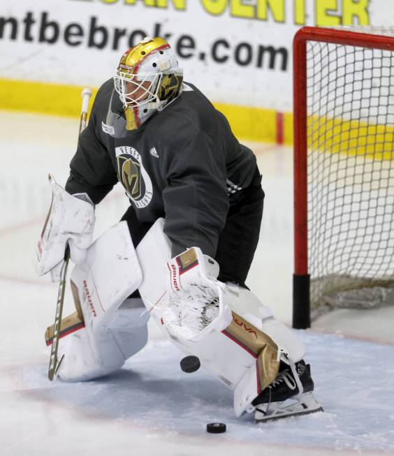 Vegas Golden Knights goaltender Robin Lehner during practice at City National Arena in Las Vega ...