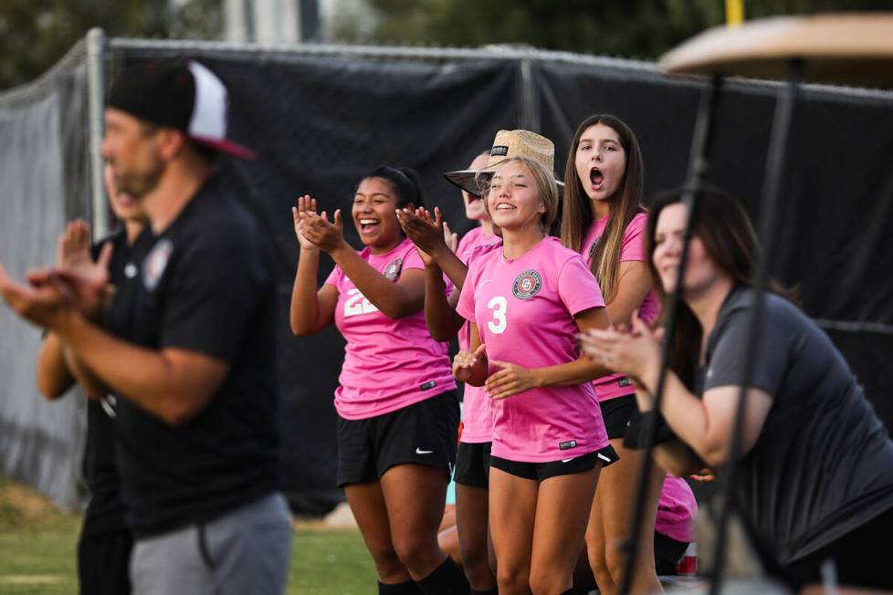 Desert Oasis players cheer after their team made a goal in a game against Shadow Ridge at Deser ...