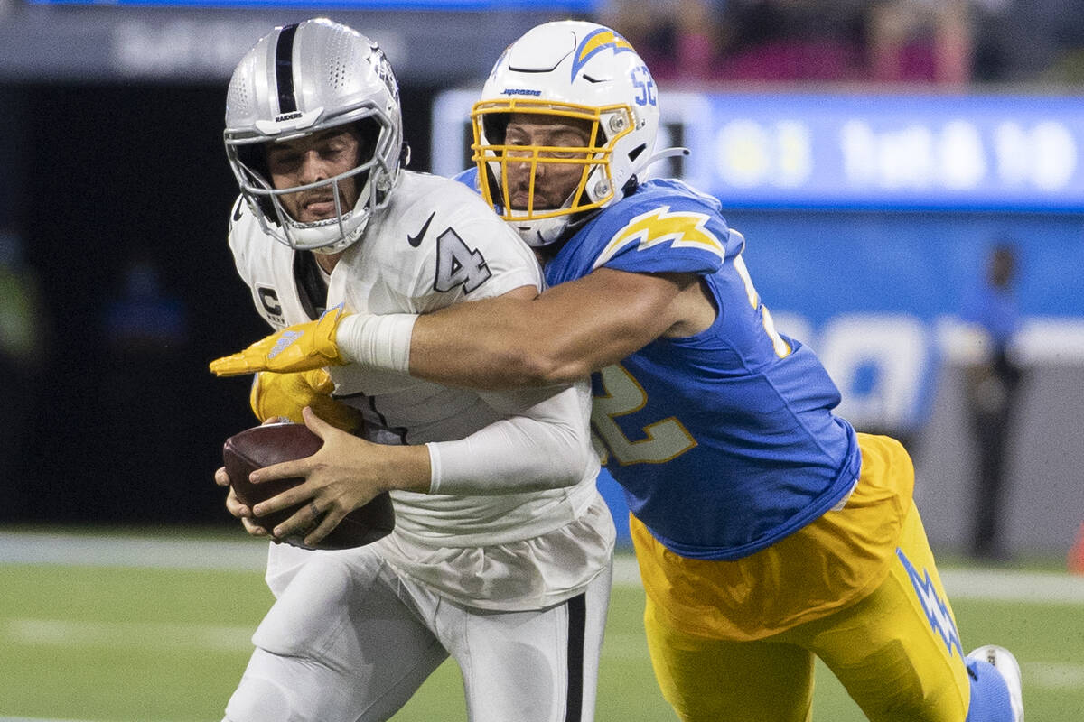 Raiders quarterback Derek Carr (4) is sacked by Los Angeles Chargers linebacker Kyler Fackrell ...