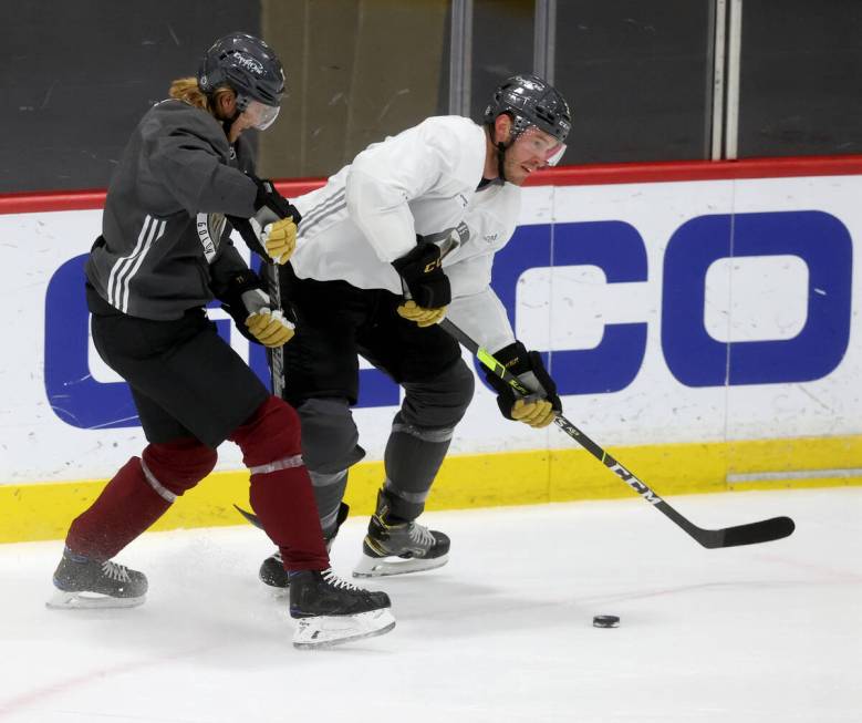 Vegas Golden Knights center William Karlsson, left, and defenseman Brayden McNabb during practi ...