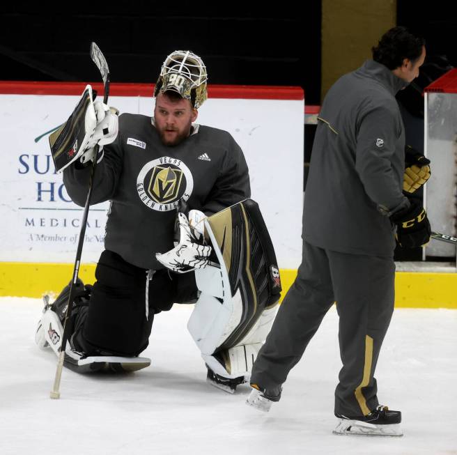 Vegas Golden Knights goaltender Robin Lehner during practice at City National Arena in Las Vega ...