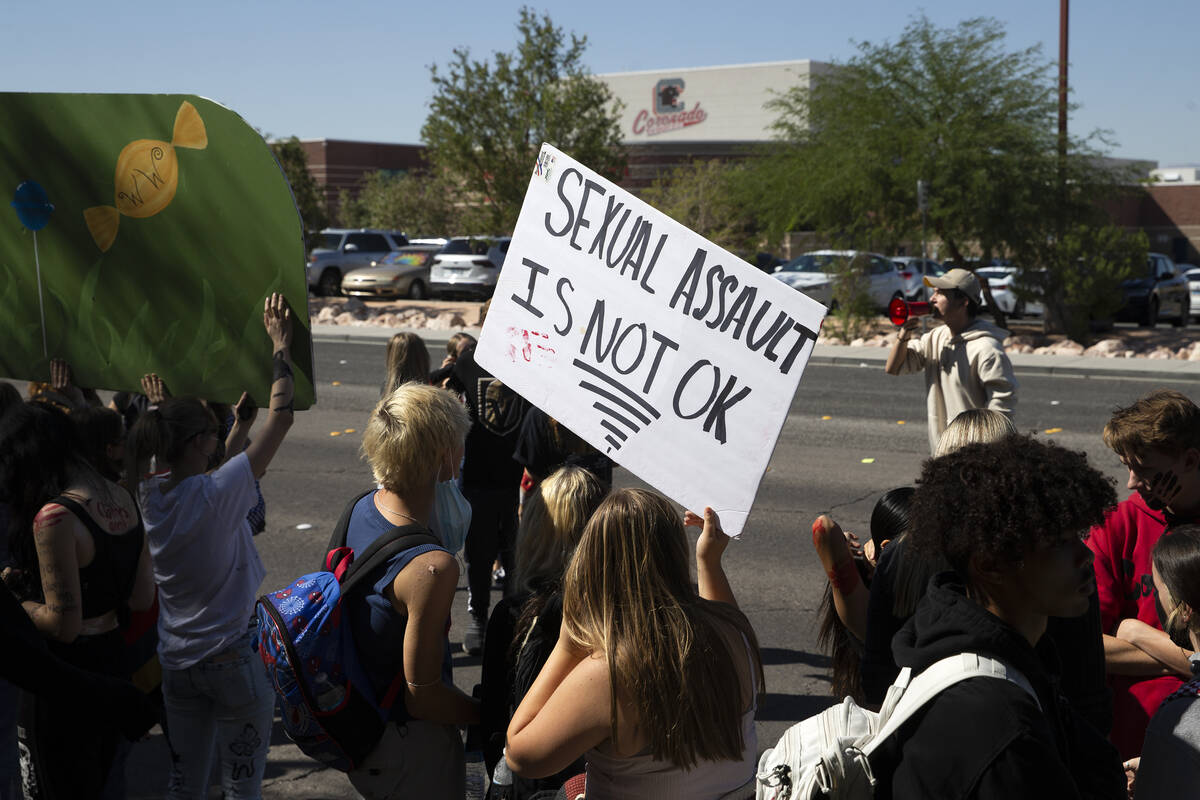 Coronado High School students protest outside the school on Friday, Oct. 1, 2021, in Henderson. ...