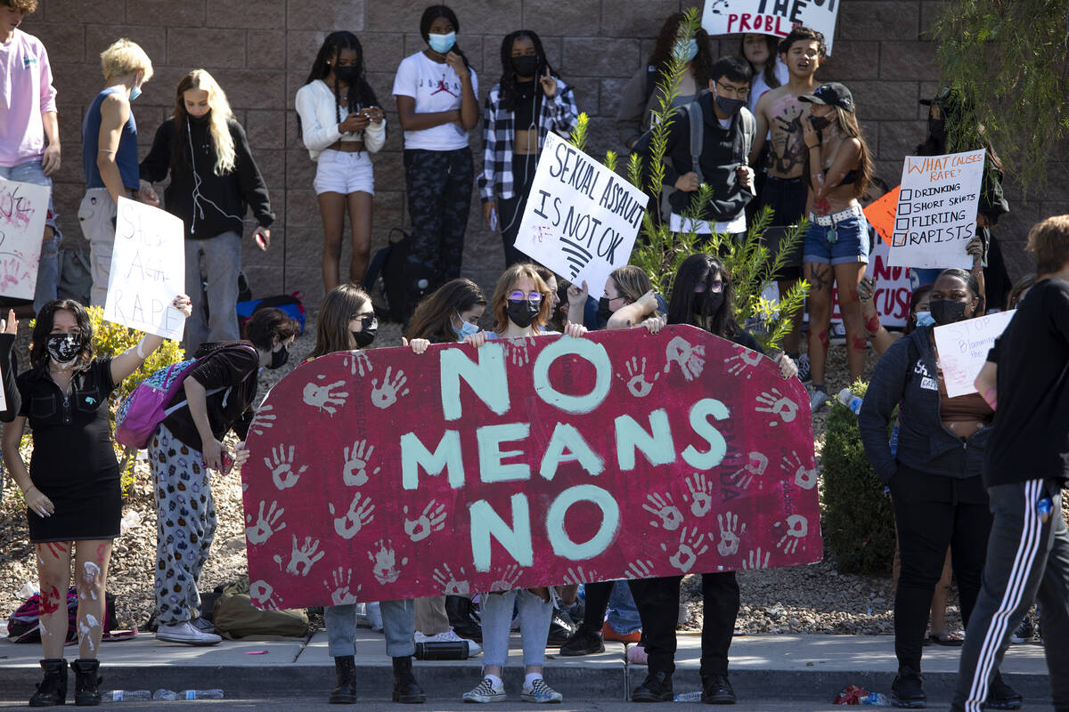 Coronado High School students protest outside the school on Friday, Oct. 1, 2021, in Henderson. ...
