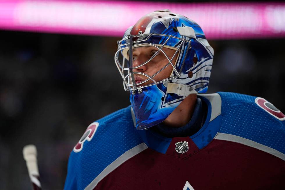 Colorado Avalanche goalie Jonas Johansson looks on against the Vegas Golden Knights during the ...