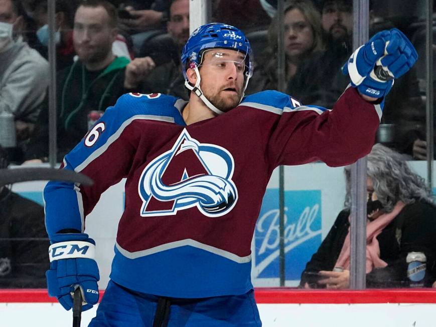 Colorado Avalanche defenseman Kurtis MacDermid (56) grabs the puck from the air against the Veg ...